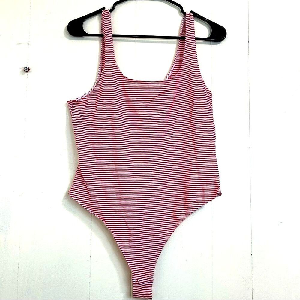 GARAGE Y2K Bodysuit Top Size Large Red White Striped Sleeveless Soft Stretch